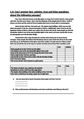 Reading Comprehension - short exercise using true/false/fact/opinion