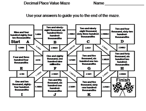 Decimal Place Value: Math Maze