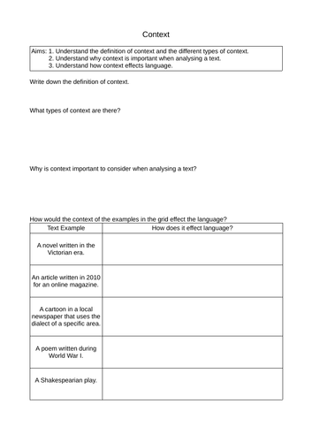 Context Info & Worksheets English Language GCSE | Teaching Resources