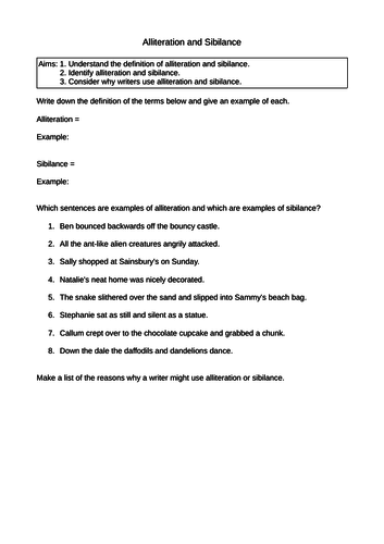 Alliteration Sibilance Worksheets Language Analysis Explaining GCSE Poetry Literature