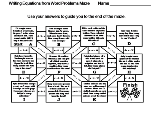 Writing Equations from Word Problems: Math Maze (One-Step Equations)