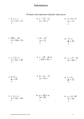 Substitution Maths Worksheet Tes