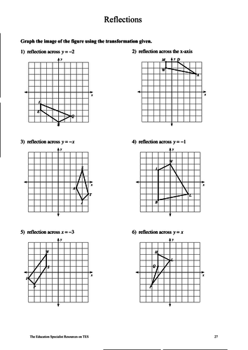 GCSE maths worksheet: translations: reflections