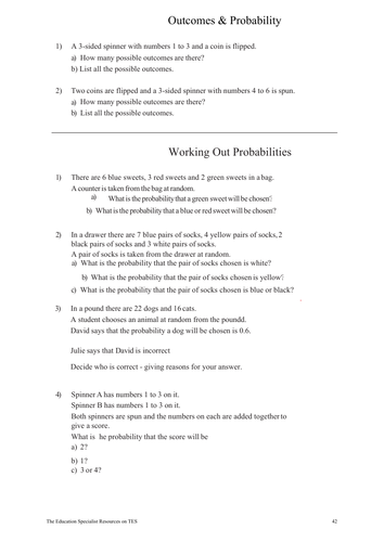 GCSE Maths: Outcome & Probability Worksheet | Teaching Resources