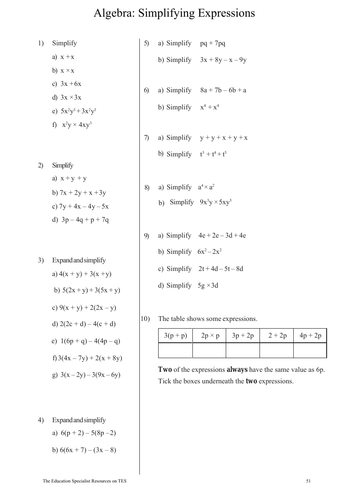 Gcse Maths Algebra Worksheets Simplifying Expressions Teaching Resources 6587