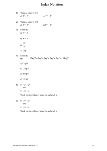 GCSE Maths Revision Worksheet - Index Notation | Teaching Resources