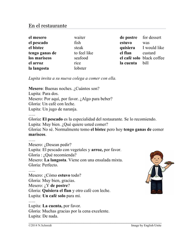 En Un Restaurante Lectura In A Restaurant Spanish Reading Worksheet 