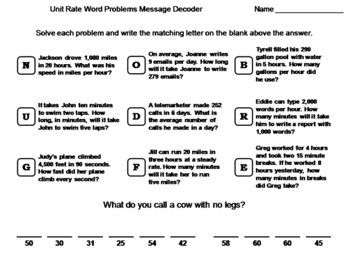 Unit Rate Word Problems: Math Message Decoder