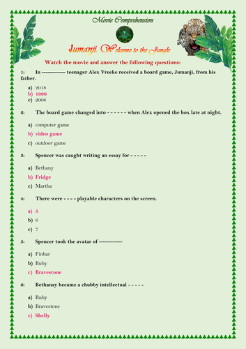 Jumanji Welcome To The Jungle 2017 Movie Quiz Comprehension Worksheet With Key Teaching Resources