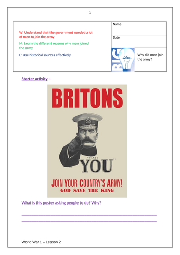 World War One - 3 lesson bundle- causes of WW1, why men joined the army and trench warfare