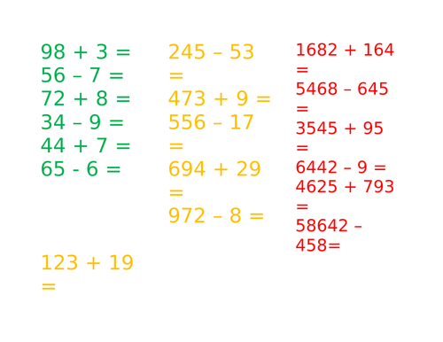 Differentiated addition and subtraction calculations