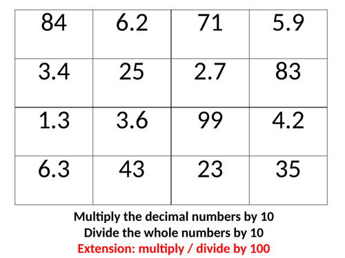 Decimal lesson starter