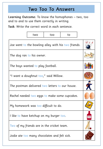 To, Too, Two Homophones Worksheet | Teaching Resources