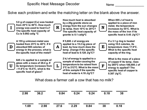 Specific Heat Worksheet: Chemistry Message Decoder | Teaching Resources