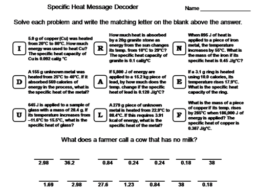 Specific Heat Worksheet: Chemistry Message Decoder