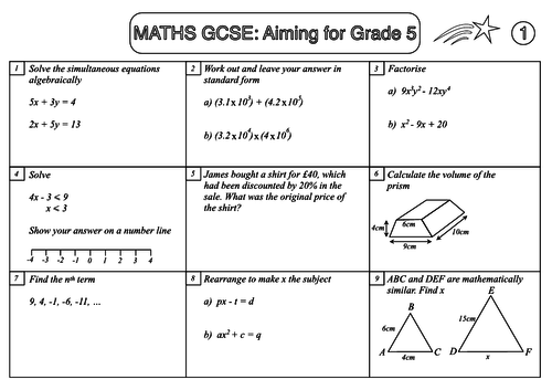 Gcse Maths Revision Pack Aiming For Grade 5 Pack 2 Teaching Resources
