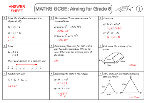 gcse maths revision sample sheet aiming for grade 5 teaching resources