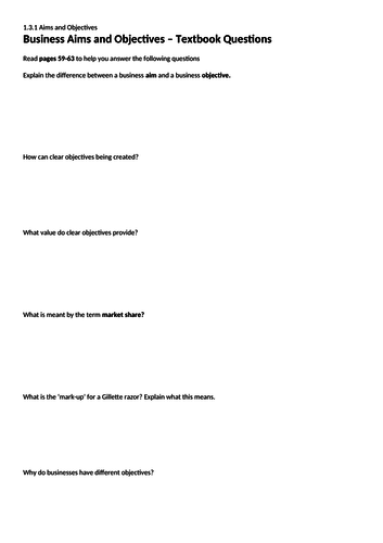 1. Aims and Objectives - Topic 1.3 - Edexcel GCSE Business - Theme 1