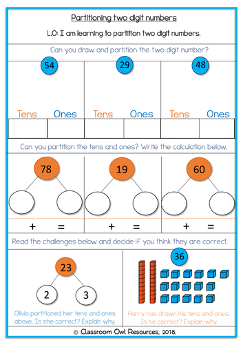 Year 2 Maths Partitioning 2 Digit Numbers differentiated Worksheets Teaching Resources