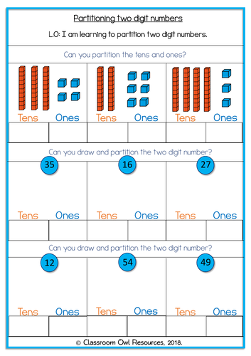 Year 2 Maths: Partitioning 2 digit numbers (differentiated worksheets ...