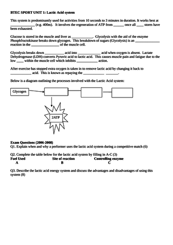 BTEC SPORT Energy Systems Worksheets for Unit 1, Nationals L3 (new spec ...