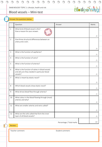 Blood Vessels Mini Test Ks5 Teaching Resources
