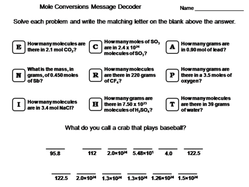 Mole Conversions (moles, mass, molecules) Worksheet: Chemistry Message Decoder