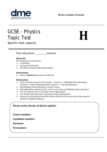 OCR Gateway GCSE Physics A (9-1) - Topic Test - Specific heat capacity ...
