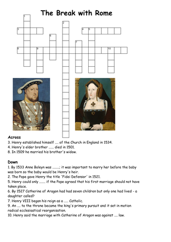 Henry VIII - Break with Rome Cross Word