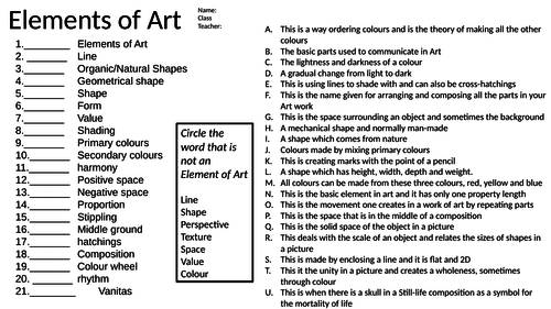 Match The Elements Of Art With Correct Definition Terms In Art Teaching Resources