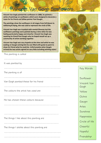 Vincent Van Gogh Sunflowers Question Sheet & Colouring Frame