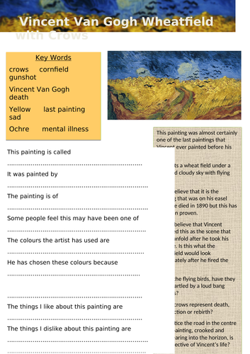 Vincent Van Gogh Wheatfield with Crows Question sheet & Extended Drawing