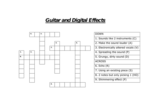 GCSE Crossword Starter Guitar and Electronic Effects Teaching Resources
