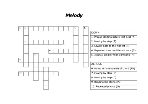 GCSE Crossword Starter Melody Teaching Resources