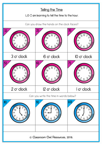 year 2 telling the time differentiated worksheets teaching resources