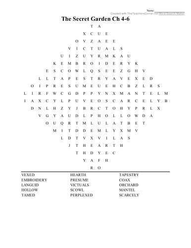 Vocabulary for The Secret Garden Chapters 1 - 9 + Wordsearches