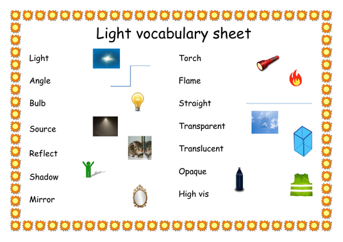 Science light and shadows vocabulary