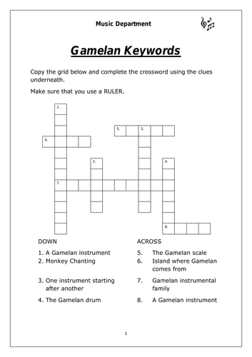 KS3 Music - Gamelan Keywords Crossword