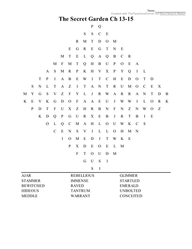 Vocabulary for The Secret Garden Chapters 10 - 18 + Wordsearches