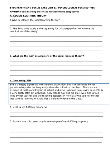 BTEC Level 3 Health and Social Care Unit 11 Psychological Perspective ...