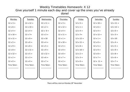 Times Tables - One minute a day multiplciation facts homework ...