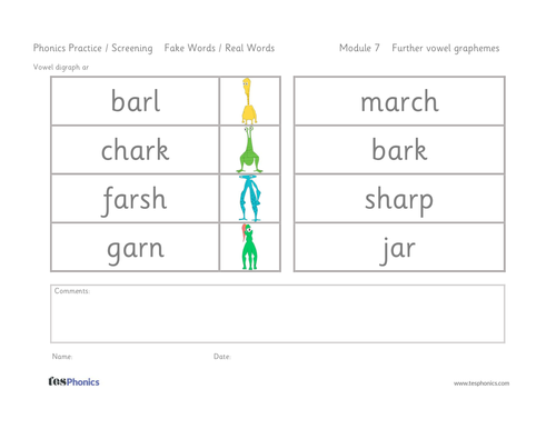 Real and Alien Word List - Vowel Graphemes ar, or, ur, ear, oi, ow, air ...