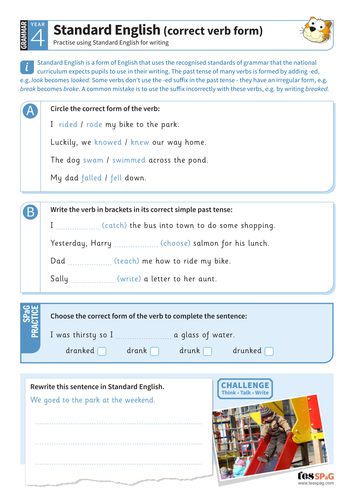 Standard English correct verb form worksheet - Year 4 Spag | Teaching ...