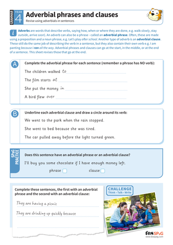 Using Adverbial Phrases And Clauses Worksheet Year 4 Spag Teaching 