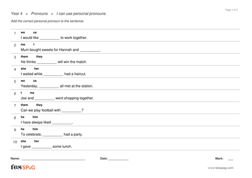Pronouns Question Sheets - Year 4 Spag | Teaching Resources
