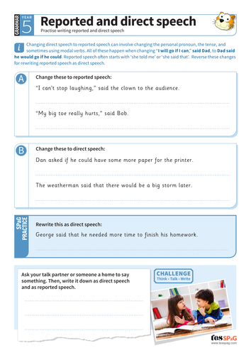 Reported and direct speech worksheet - Year 5 Spag | Teaching Resources