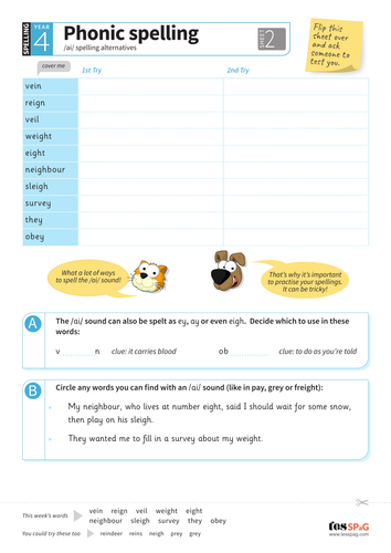 Alternative spellings for /ai/ - Spelling Worksheet - Year 4 Spag