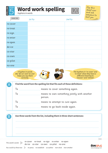 hyphens in words spelling worksheet year 5 spag teaching resources