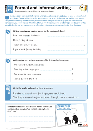 formal and informal writing worksheet year 6 spag teaching resources