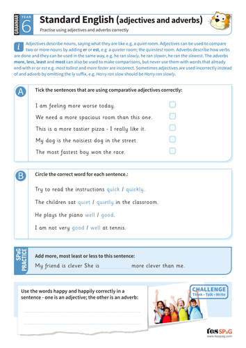 standard english adjectives and adverbs worksheet year 6 spag
